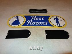 Vintage Sunoco Rest Room Double Sided Porcelain Metal Gasoline Oil Bathroom Sign