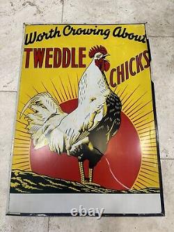 Vintage TWEDDLE CHICKS FEED Tin Sign Original Rare Rooster Crow Double Sided WOW