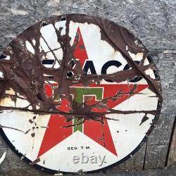 Vintage Texaco Porcelain Enamel Gas Station Sign 72 Double-Sided Round REG'D TM
