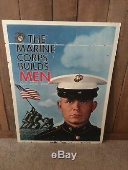 Vintage The Marines Corp Builds Men 1967 Recruiting Sign Semper Fi Double Sided