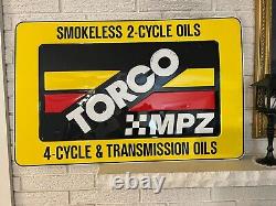 Vintage Torco MPZ Smokeless Double Sided Embossed Metal Sign 24 x 36