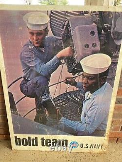 Vintage VIETNAM ERA METAL US NAVY Recruiting DOUBLE Sided SIGN 1966 LARGE