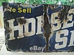 Vintage WE SELL HORSESHOE TOBACCO Flanged Porcelain Sign Double Sided 8 X 18