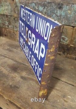 Vintage Western Union Porcelain Double Sided Flange Sign