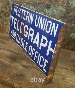 Vintage Western Union Porcelain Double Sided Flange Sign