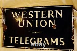Vintage Western Union Telegrams Porcelain Sign Flange 17x10 Double Sided