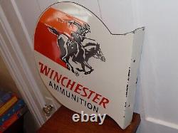 Vintage Winchester Ammunition Porcelain Double Sided Flange Sign