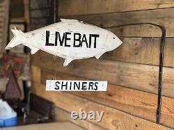 Vintage Wood Fish Trade Sign WithIron Bracket Painted Live Bait Double Sided