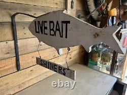 Vintage Wood Fish Trade Sign WithIron Bracket Painted Live Bait Double Sided