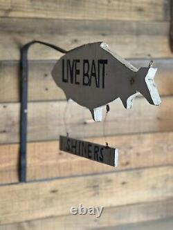 Vintage Wood Fish Trade Sign WithIron Bracket Painted Live Bait Double Sided