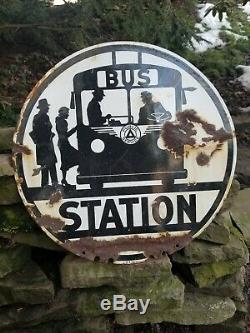 Vintage old porcelain original double sided bus stop station sign oil gas car