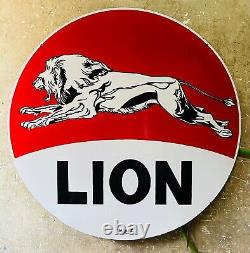 Vintage porcelain enamel lion gasoline 48 inch double sided sign
