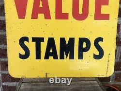 Vtg 1960 Top Value Stamps Advertising Sign Double Sided Metal 28 Country Store