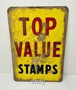 Vtg 1960 Top Value Stamps Advertising Sign Double Sided Metal 28 Gas Oil Store