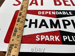 Vtg 1968 Champion Spark Plugs Fasten Your Seat Belt Sign 17.5 Double Side Metal