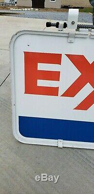 Vtg DOUBLE-SIDED PORCELAIN EXXON Gas Station Sign Original Frame & Hangers 52x28