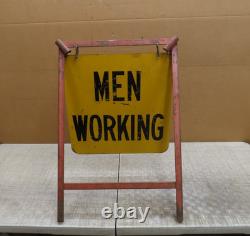 Vtg Men Working Road Construction Double Sided Warning Sign W Stand Flag Holders