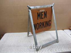 Vtg Men Working Road Construction Double Sided Warning Sign W Stand Flag Holders