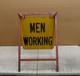 Vtg Men Working Road Construction Double Sided Warning Sign W Stand Flag Holders