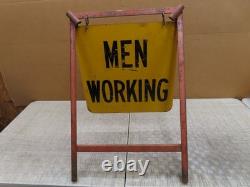 Vtg Men Working Road Construction Double Sided Warning Sign W Stand Flag Holders