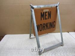 Vtg Men Working Road Construction Double Sided Warning Sign W Stand Flag Holders