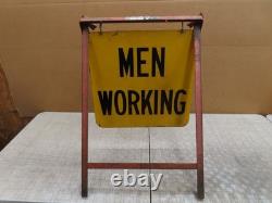 Vtg Men Working Road Construction Double Sided Warning Sign W Stand Flag Holders