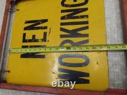 Vtg Men Working Road Construction Double Sided Warning Sign W Stand Flag Holders