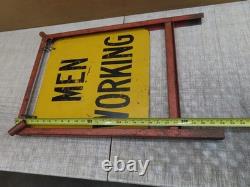 Vtg Men Working Road Construction Double Sided Warning Sign W Stand Flag Holders