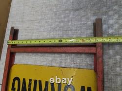 Vtg Men Working Road Construction Double Sided Warning Sign W Stand Flag Holders