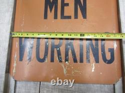 Vtg Men Working Road Construction Double Sided Warning Sign W Stand Flag Holders