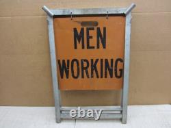 Vtg Men Working Road Construction Double Sided Warning Sign W Stand Flag Holders