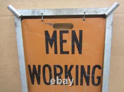 Vtg Men Working Road Construction Double Sided Warning Sign W Stand Flag Holders
