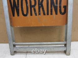 Vtg Men Working Road Construction Double Sided Warning Sign W Stand Flag Holders