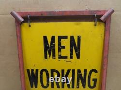 Vtg Men Working Road Construction Double Sided Warning Sign W Stand Flag Holders