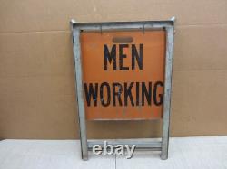 Vtg Men Working Road Construction Double Sided Warning Sign W Stand Flag Holders