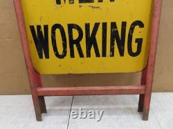 Vtg Men Working Road Construction Double Sided Warning Sign W Stand Flag Holders