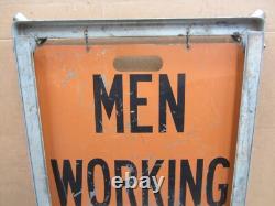 Vtg Men Working Road Construction Double Sided Warning Sign W Stand Flag Holders
