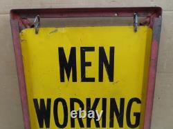 Vtg Men Working Road Construction Double Sided Warning Sign W Stand Flag Holders