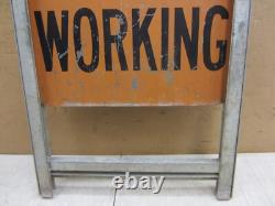 Vtg Men Working Road Construction Double Sided Warning Sign W Stand Flag Holders