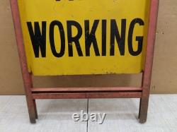 Vtg Men Working Road Construction Double Sided Warning Sign W Stand Flag Holders