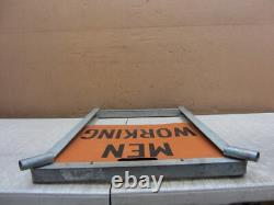 Vtg Men Working Road Construction Double Sided Warning Sign W Stand Flag Holders
