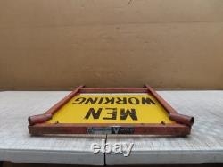 Vtg Men Working Road Construction Double Sided Warning Sign W Stand Flag Holders