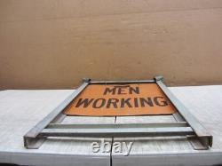 Vtg Men Working Road Construction Double Sided Warning Sign W Stand Flag Holders