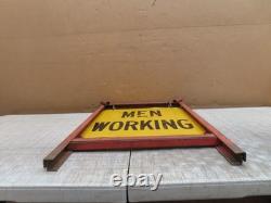 Vtg Men Working Road Construction Double Sided Warning Sign W Stand Flag Holders