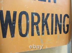 Vtg Men Working Road Construction Double Sided Warning Sign W Stand Flag Holders