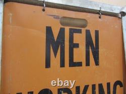 Vtg Men Working Road Construction Double Sided Warning Sign W Stand Flag Holders