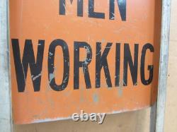 Vtg Men Working Road Construction Double Sided Warning Sign W Stand Flag Holders