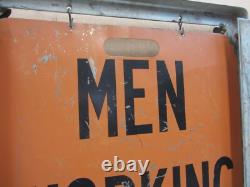 Vtg Men Working Road Construction Double Sided Warning Sign W Stand Flag Holders