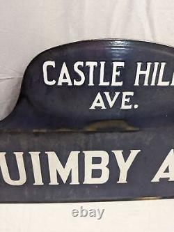 Vtg Porcelain Double Sided Street Sign Castle Hill Ave. Quimby Ave. Bronx NY
