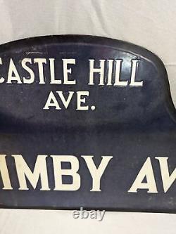 Vtg Porcelain Double Sided Street Sign Castle Hill Ave. Quimby Ave. Bronx NY